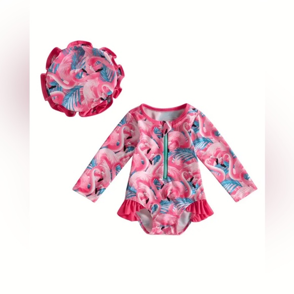 NWT 2T 3T pink flamingo 2pc rash guard swim suit bathing sun hat summer July 4th - Picture 1 of 9